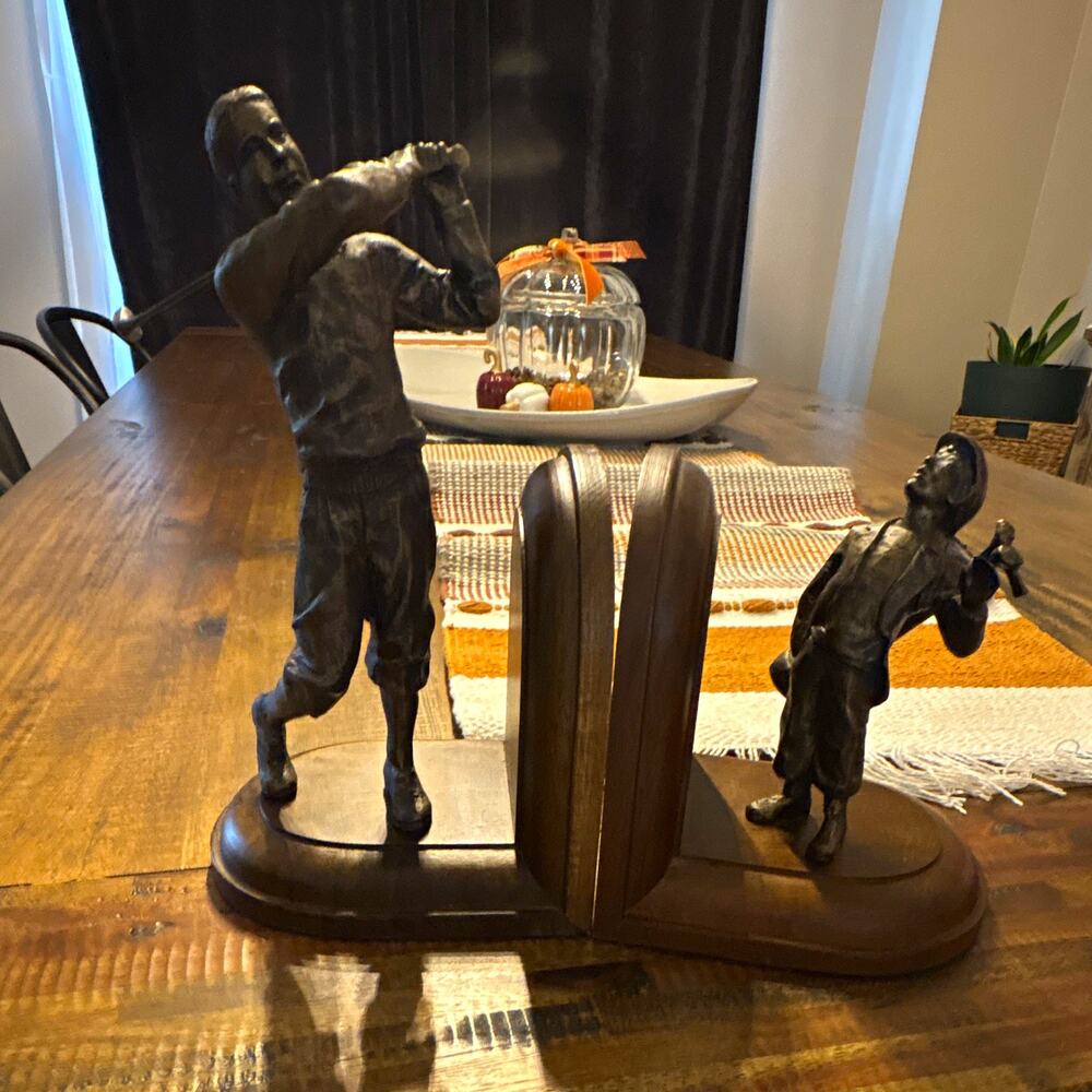 Golfer & Caddie Bookends Set of 2, Wood & Metal, vintage, Office Study, luxury